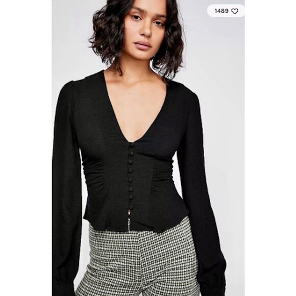 Free People Maise Top Black Size Medium Puff Shoulder Ruched Semi-Sheer NEW - Picture 1 of 13